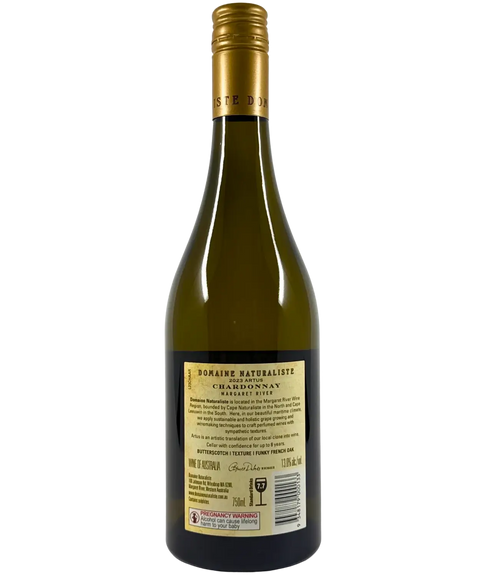 Back label of 2023 Domaine Naturaliste Artus Chardonnay, Margaret River – tasting notes, winemaker details, and wine region description