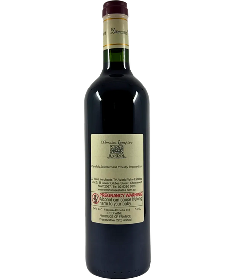 Back label of Domaine Tempier Bandol 2022 French red wine, detailing provenance, alcohol content, and importer information.