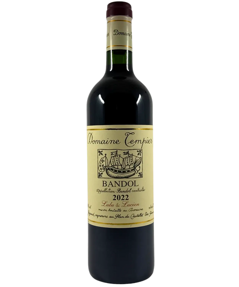Front label of Domaine Tempier Bandol 2022 red wine bottle, showcasing French Mourvèdre blend from Provence with signature sailing ship design.