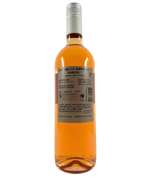 Domaine La Suffrene Bandol rosé back label 2023 showing French Provence wine details and appellation information