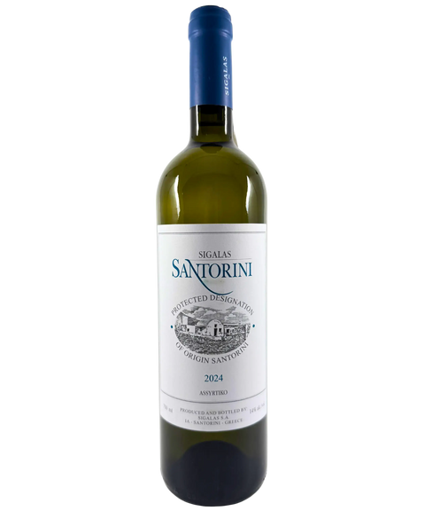 Domaine Sigalas Santorini Assyrtiko 2024 PDO white wine from Greece with blue capsule and illustrated winery label
