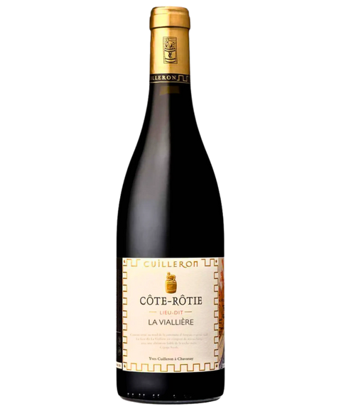 Bottle of Yves Cuilleron Côte-Rôtie La Viallière 2022 Syrah red wine with gold capsule and front label