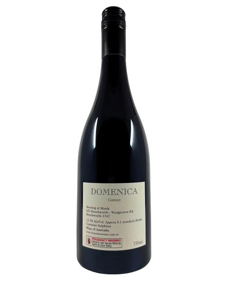 2024 Domenica Gamay Beechworth wine bottle back label showing producer details, alcohol content, and origin