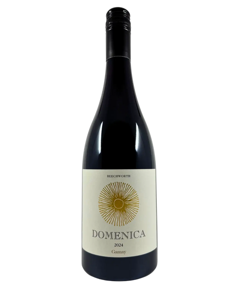 2024 Domenica Gamay wine bottle from Beechworth, Australia – elegant label design with gold sunburst emblem