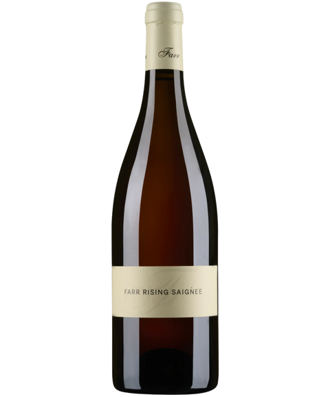 Farr Rising Saignée rosé wine bottle with minimalist cream label showing amber-toned rosé wine from Geelong Victoria