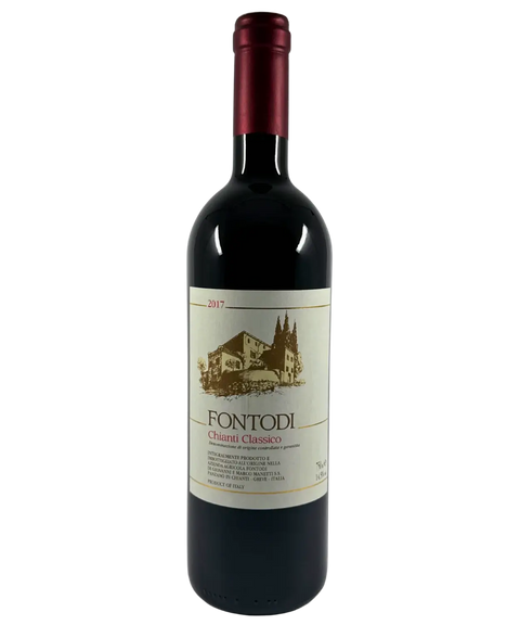 Fontodi Chianti Classico 2017 organic Tuscan red wine front label with estate illustration