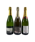 Back labels of three premium French sparkling wines – Champagne Delamotte Blanc de Blancs, Louis Roederer Collection 243, and Veuve Ambal Crémant de Bourgogne – showing origin, vintage, and producer details.