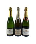 Front labels of three French sparkling wines – Champagne Delamotte Blanc de Blancs, Louis Roederer Collection 243, and Veuve Ambal Crémant de Bourgogne Grande Cuvée Brut – showcasing elegant bottle presentation.