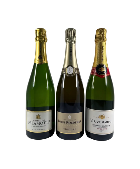 Front labels of three French sparkling wines – Champagne Delamotte Blanc de Blancs, Louis Roederer Collection 243, and Veuve Ambal Crémant de Bourgogne Grande Cuvée Brut – showcasing elegant bottle presentation.