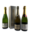 Three premium French sparkling wines with front labels displayed, including Champagne Delamotte Blanc de Blancs, Louis Roederer Collection 243 with gift box, and Veuve Ambal Crémant de Bourgogne Grande Cuvée Brut.