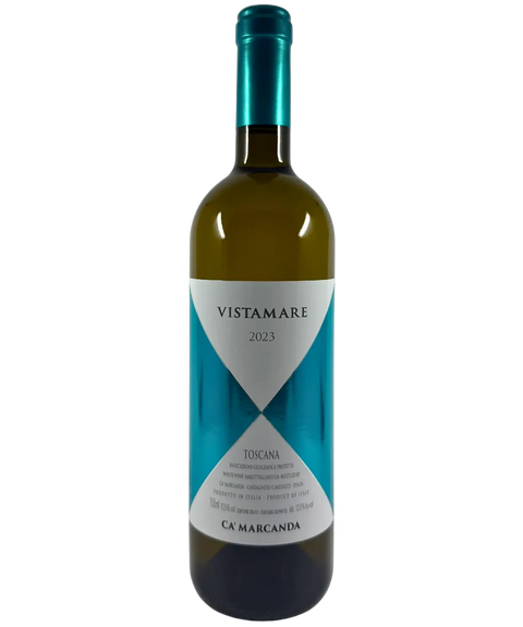 2023 Gaja Ca' Marcanda Vistamare white wine bottle front label from Tuscany Italy with geometric teal and white design and teal capsule
