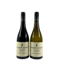 Front view of Giant Steps Applejack Vineyard 2023 Pinot Noir and Chardonnay bottles, featuring cream labels with black typography and crest from Yarra Valley, Australia.