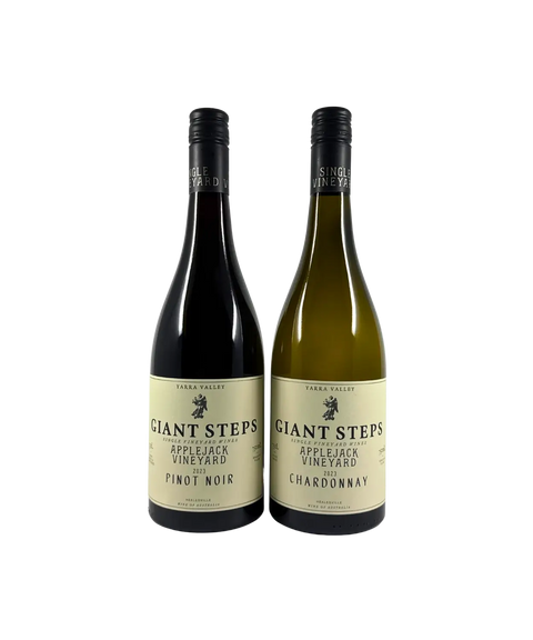 Front view of Giant Steps Applejack Vineyard 2023 Pinot Noir and Chardonnay bottles, featuring cream labels with black typography and crest from Yarra Valley, Australia.