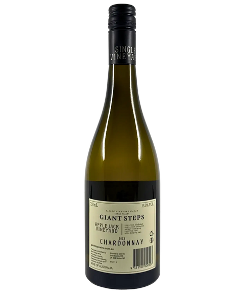 2023 Giant Steps Applejack Vineyard Chardonnay white wine bottle back label from Yarra Valley showing single vineyard designation and producer details