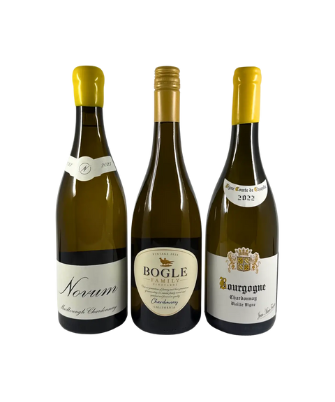 Front labels of Global Chardonnay 3-Pack showcasing Novum Marlborough Chardonnay 2023, Bogle Family Vineyards Chardonnay 2021 from California, and Bourgogne Vieille Vigne Chardonnay 2022 from France