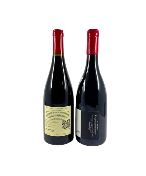 Global Pinot 2-pack featuring Bass Phillip Estate Pinot Noir 2021 from South Gippsland Australia and Jean-Marie Fourrier Bourgogne Pinot Noir Vieille Vigne 2022 from Burgundy France – back wine bottle labels