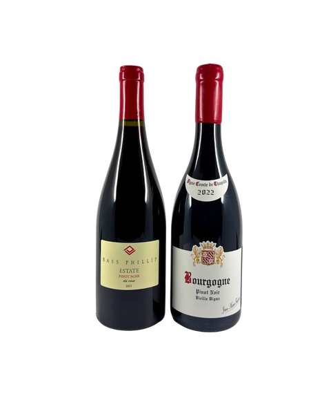 Global Pinot 2-pack featuring Bass Phillip Estate Pinot Noir 2021 from South Gippsland Australia and Jean-Marie Fourrier Bourgogne Pinot Noir Vieille Vigne 2022 from Burgundy France – front wine bottle labels