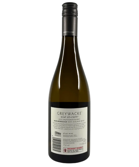 Greywacke Wild Sauvignon Blanc 2022 bottle back label showing winemaker notes, origin Marlborough New Zealand, alcohol content, and import details.