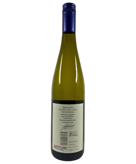 Back label of Grosset Polish Hill Clare Valley Riesling 2024, biodynamically grown premium Australian white wine, 750ml bottle