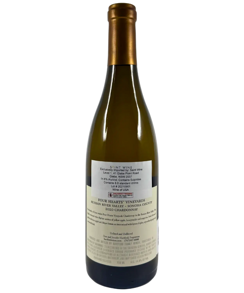 Back label of Hartford Court Four Hearts Vineyards Chardonnay 2020, Sonoma County USA, showing vineyard description and importer information
