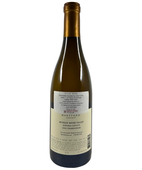 Back label of Hartford Court Russian River Valley Chardonnay 2021, Sonoma County USA, showing importer and wine details