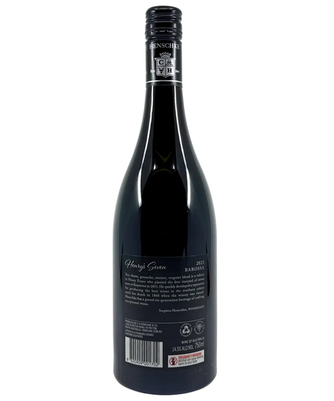 Henschke Henry's Seven Shiraz Grenache Mataro Viognier Blend 2023 Barossa red wine bottle back label