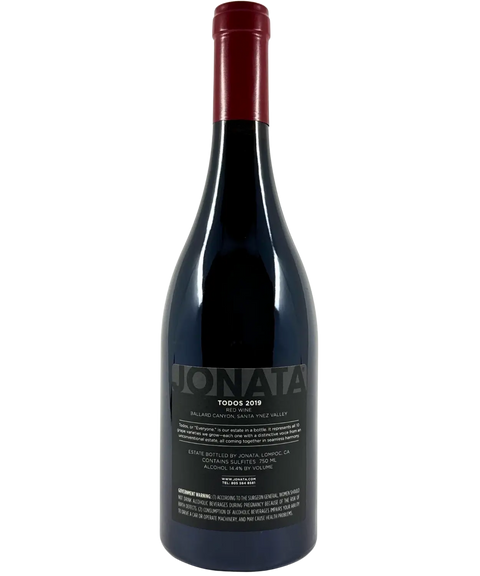 2019 Jonata Todos red wine bottle back label showing estate information and Santa Ynez Valley appellation details