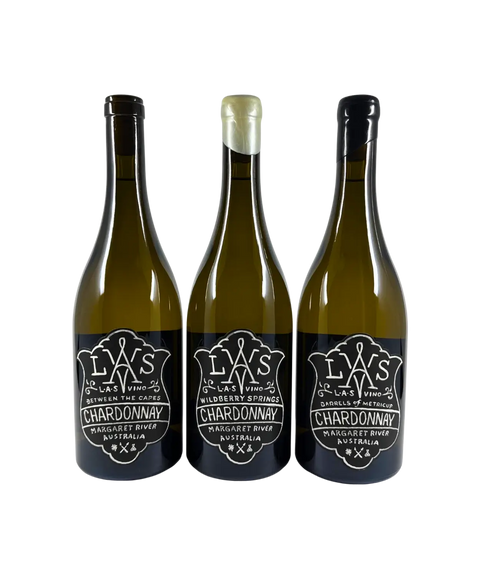 Three bottles of L.A.S. Vino Chardonnay from Margaret River, featuring Between the Capes, Wildberry Springs, and Barrels of Metricup front wine labels.