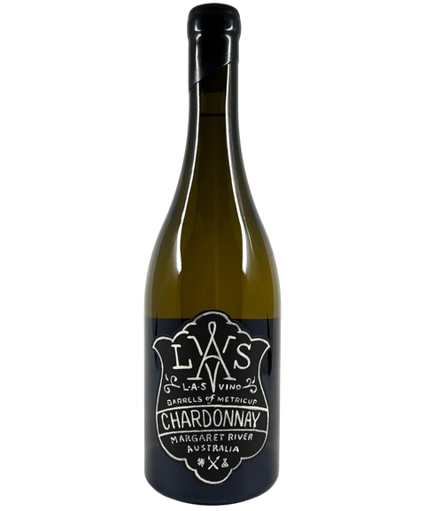 LAS VINO Barrels of Metricup Chardonnay 2024 – premium Margaret River white wine with bold black and white label design on a 750ml bottle.