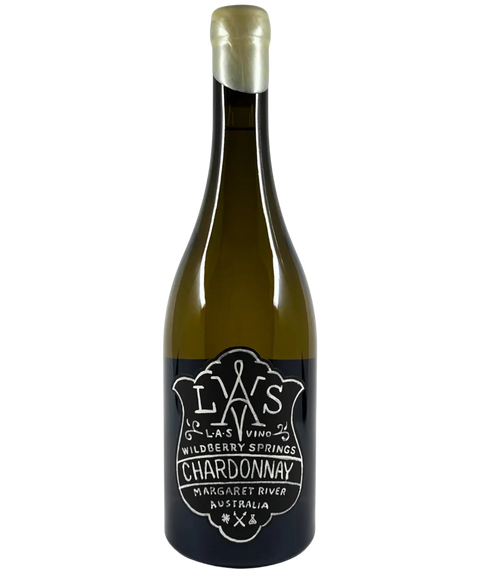 Front view of LAS VINO Wildberry Springs Chardonnay 2024 wine bottle, Margaret River, with black and white illustrated label and wax seal, Australian premium white wine.