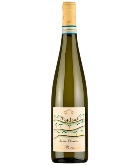 Montesci Soave Classico Battista white wine bottle from Italy with illustrated hillside label and gold capsule