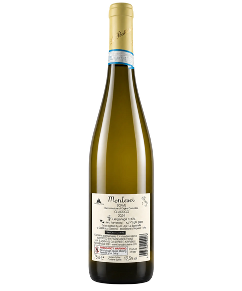 Montesci Soave Classico Battista white wine bottle from Italy showing back label with details
