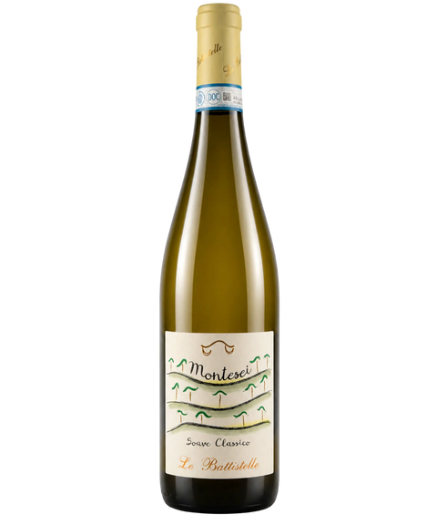 Montesci Soave Classico Battista white wine bottle from Italy with illustrated hillside label and gold capsule