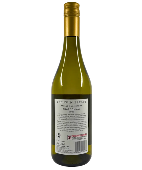 Back label of Leeuwin Estate Prelude Vineyards Chardonnay 2023, elegant Margaret River chardonnay, 750ml bottle