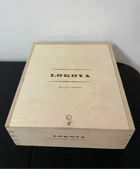 The original wooden box holding three bottles of Lokoya Mount Veeder 2019.