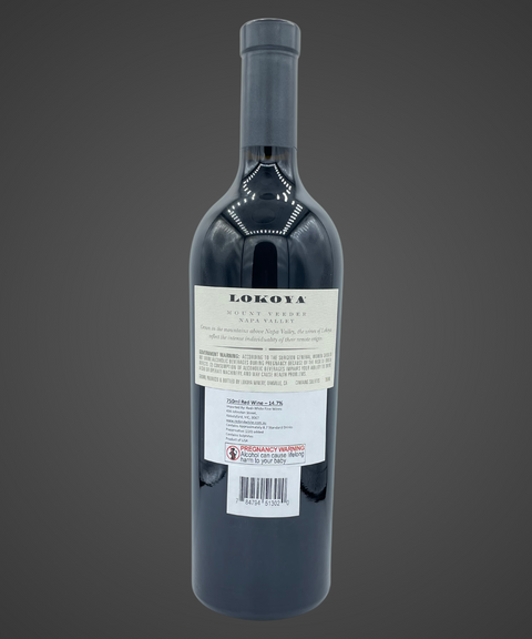 The back label of a bottle of Lokoya Cabernet Sauvignon 2019 Mount Veeder, Napa Valley.