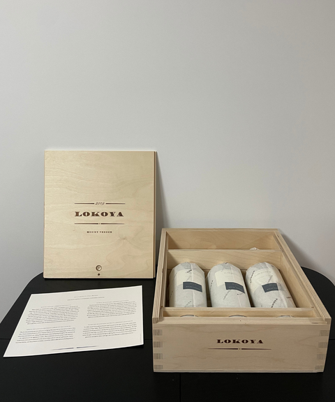 Three bottles of Lokoya Cabernet Sauvignon 2019 Mount Veeder, Napa Valley shown in their original wooden box (OWC).