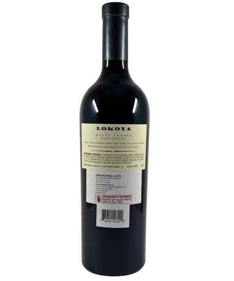 2019 Lokoya Mount Veeder Cabernet Sauvignon red wine bottle back label from Napa Valley showing producer information and government warning