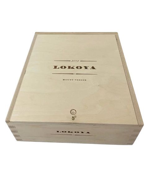 2019 Lokoya Mount Veeder wooden wine case closed with branded lid showing vintage year and producer name
