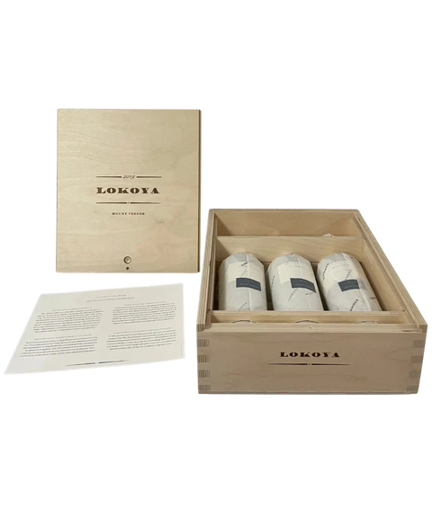 2019 Lokoya Mount Veeder wooden wine case containing six tissue-wrapped Cabernet Sauvignon bottles with wine documentation and opened lid
