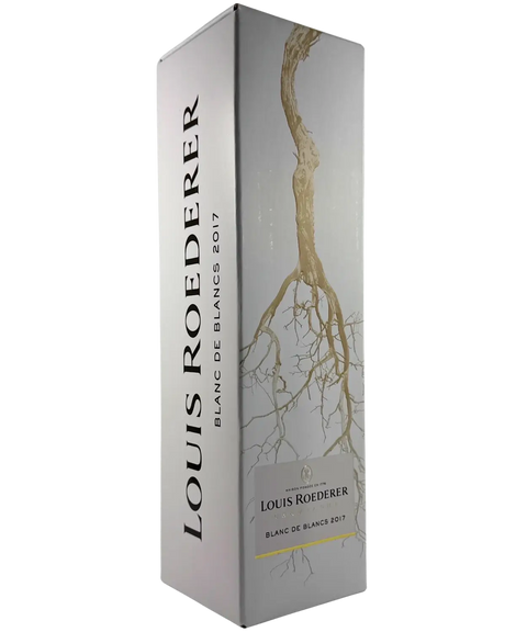 Luxury Louis Roederer Blanc de Blancs 2017 Champagne presentation box with elegant gold vine root design – premium French sparkling wine gift packaging.