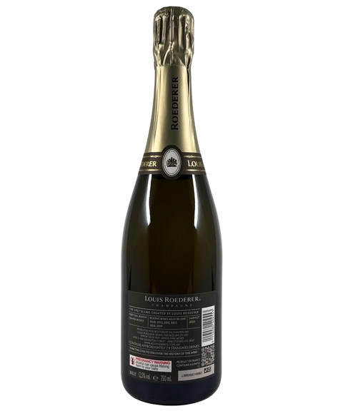 Louis Roederer Collection 245 Champagne NV back label with blend details, reserve wine percentages, and French origin information.