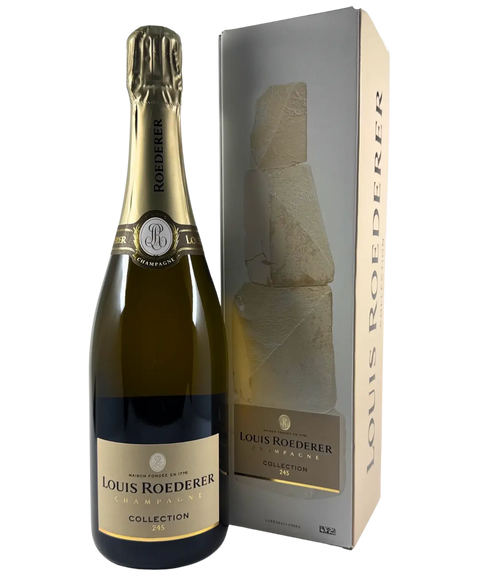 Louis Roederer Collection 245 Champagne NV bottle and matching gift box, elegant French sparkling wine presentation.