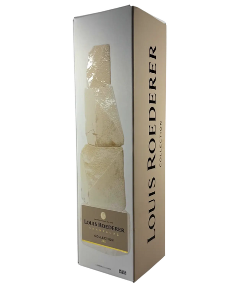 Louis Roederer Collection 245 Champagne gift box with stone artwork, luxury French sparkling wine packaging.