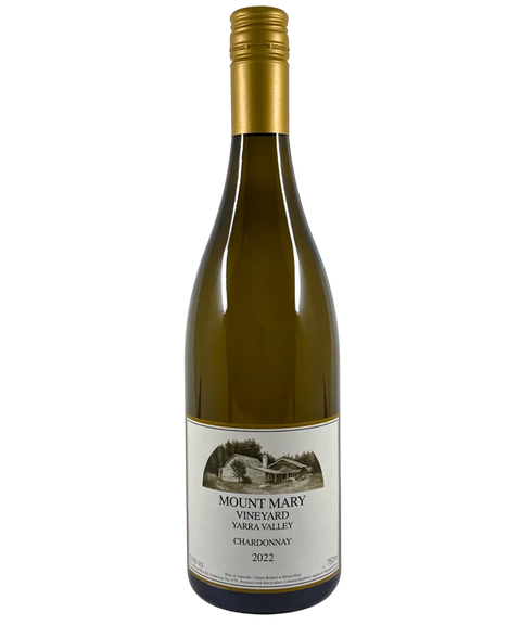 2022 Mount Mary Vineyard Chardonnay white wine bottle front label from Yarra Valley with historic winery building illustration and gold foil capsule