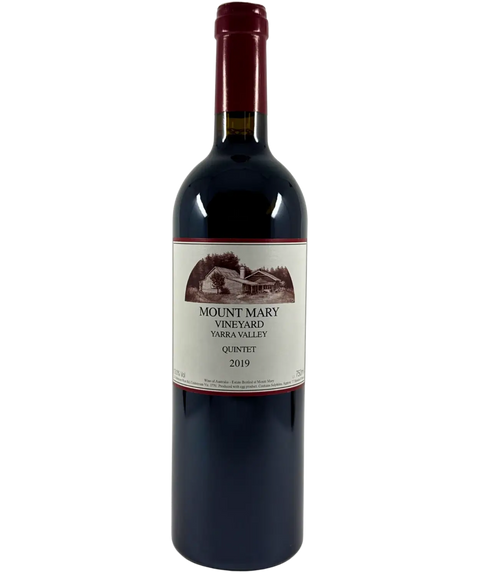 2019 Mount Mary Vineyard Quintet red wine bottle front label from Yarra Valley with historic winery building illustration and burgundy capsule