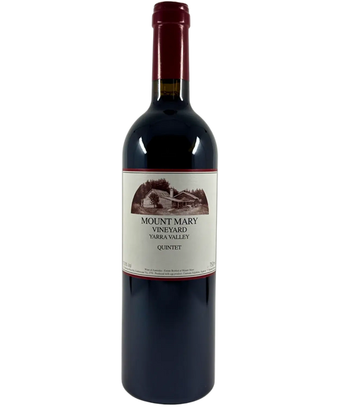 Mount Mary Vineyard Quintet red wine bottle front label from Yarra Valley with historic winery building illustration and burgundy capsule
