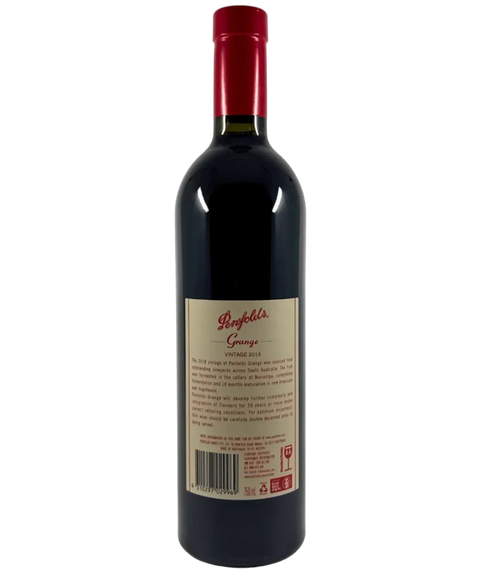 2018 Penfolds Grange Bin 95 red wine bottle back label showing vintage information and producer details with red capsule