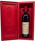 2018 Penfolds Grange Bin 95 red wine bottle in opened luxury red presentation gift box with custom moulded interior