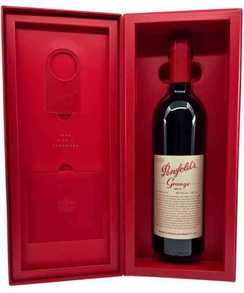 2018 Penfolds Grange Bin 95 red wine bottle in opened luxury red presentation gift box with custom moulded interior